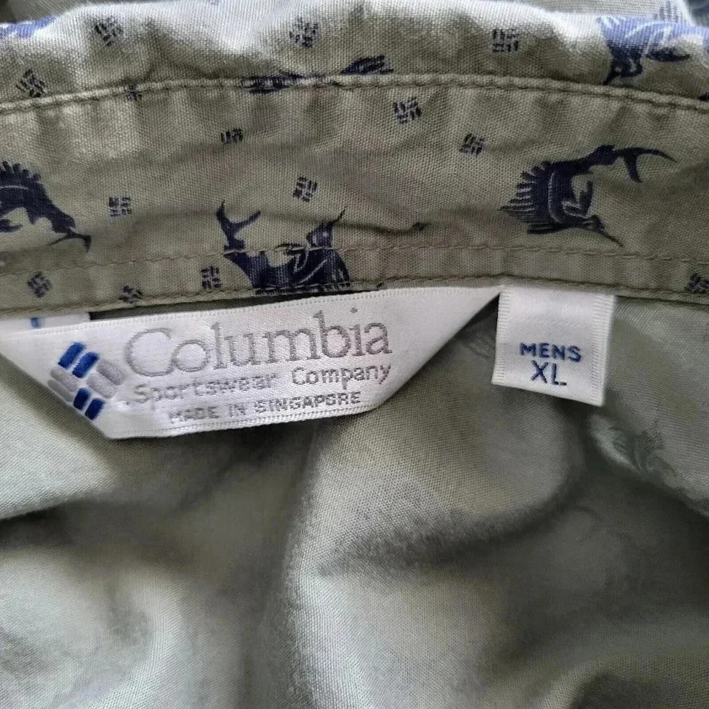 Columbia Button Up Shirt XL Men's Dark Khaki Sword Fish Fishing Short Sleeve - Picture 4 of 4